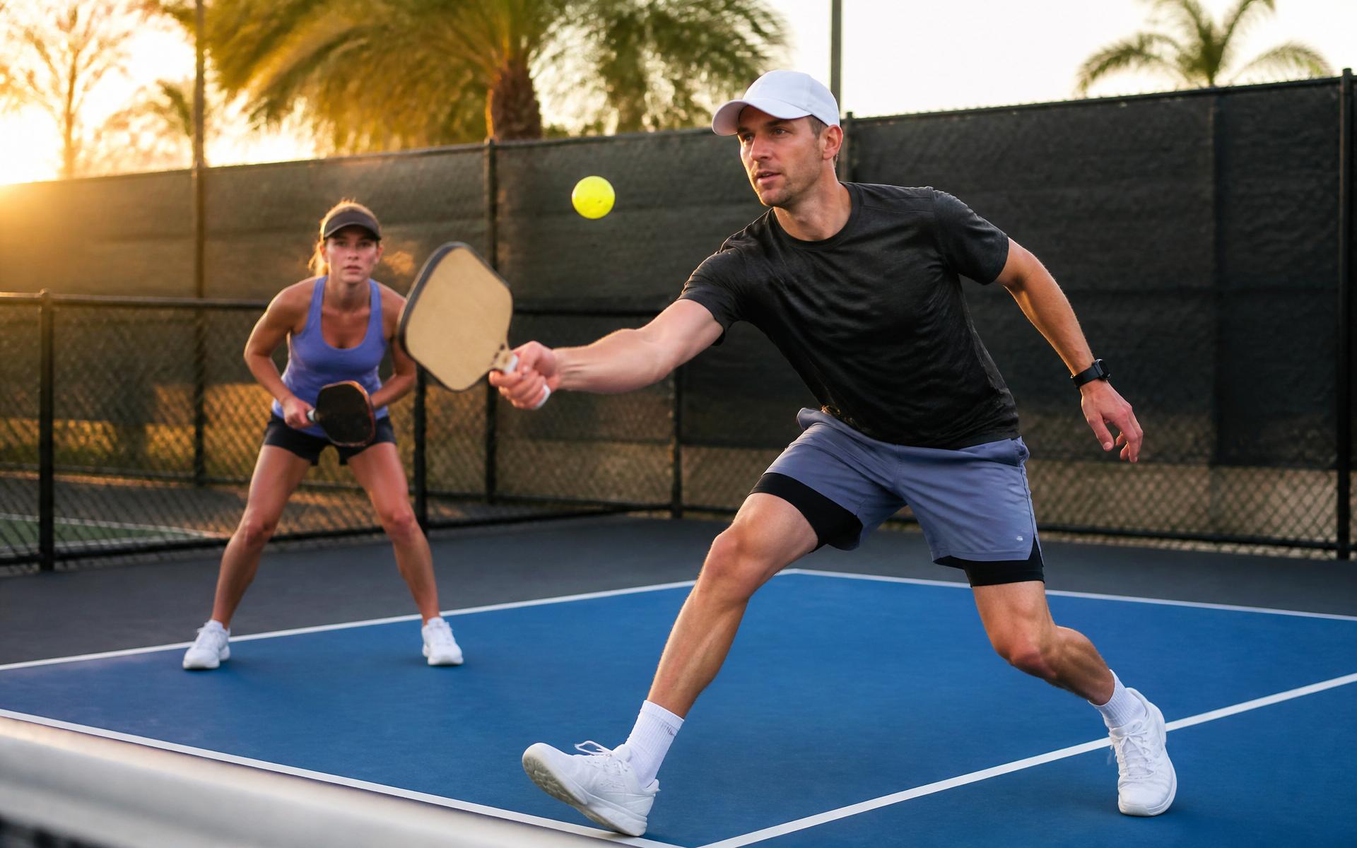 Pickleball players on court at golden hour