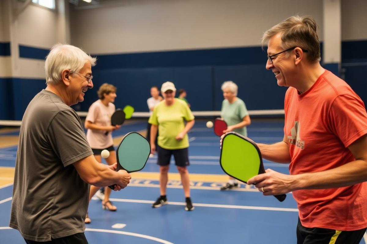 Adult players in an indoor pickleball clinic practicing with paddles and perforated balls — Naples, FL pickleball camp