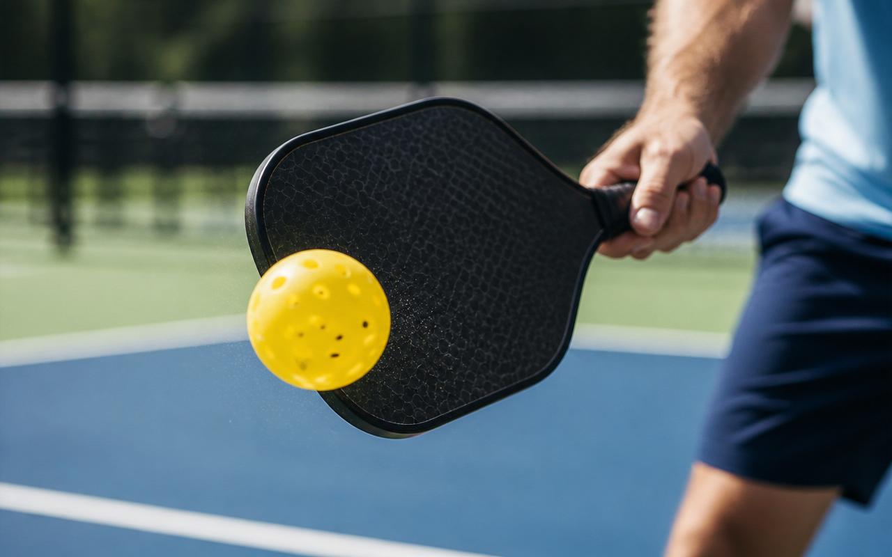 Close-up of a pickleball paddle striking a yellow perforated pickleball at the net — Phoenix, AZ pickleball camp
